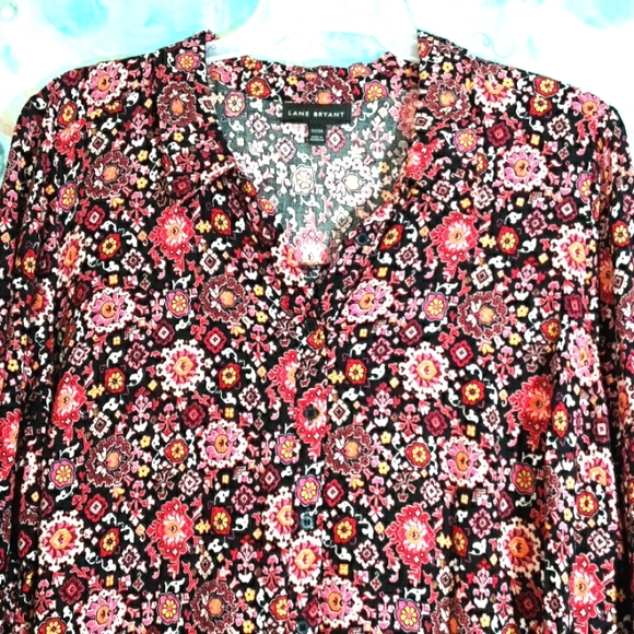 Lane Bryant Red Black Boho Print Long Sleeve Lightweight Midi Dress - Picture 1 of 6